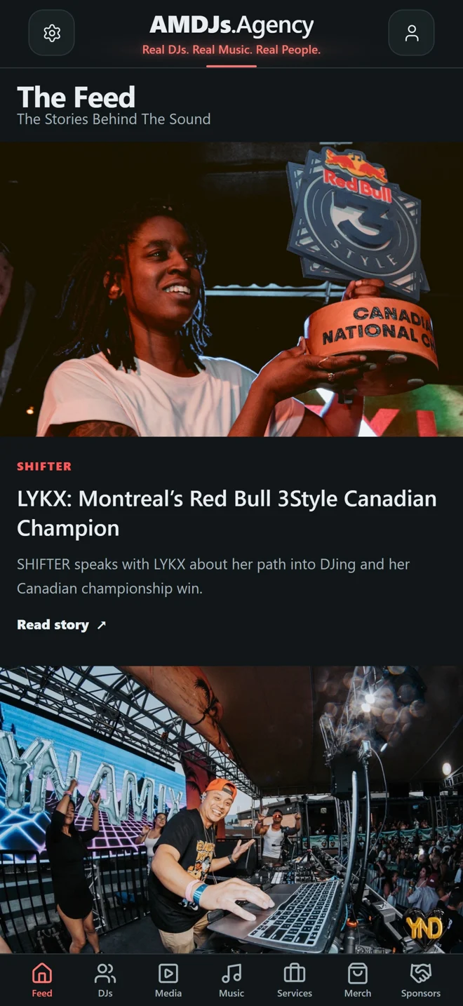 AMDJs mobile editorial feed with artist stories and music coverage