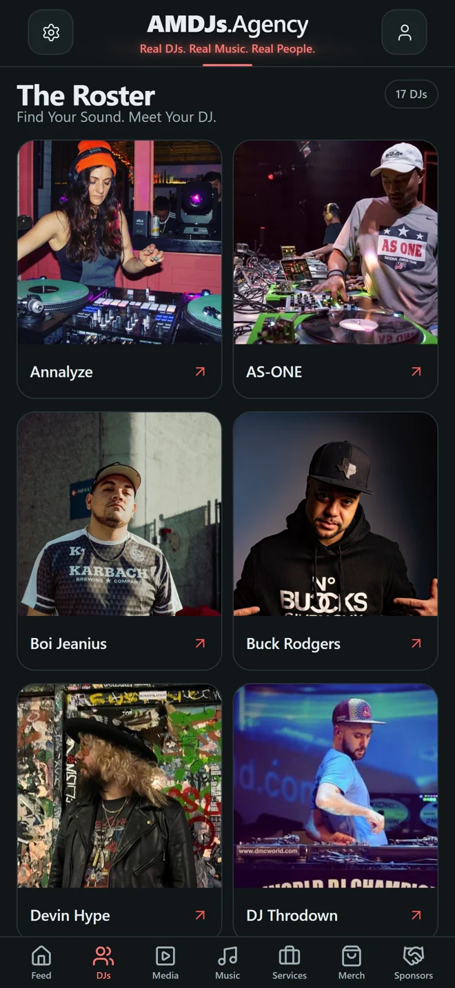 AMDJs mobile app browser preview showing the DJ roster