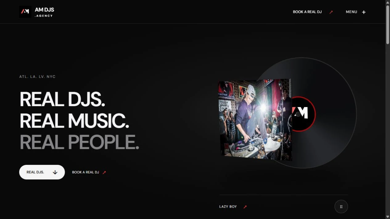 AMDJs website redesign showing DJ discovery and booking links